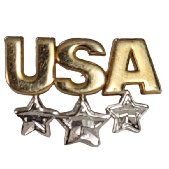 10K White And Yellow Gold USA Three Star Tie Tac Lapel Pin E104 - Picture 1 of 8